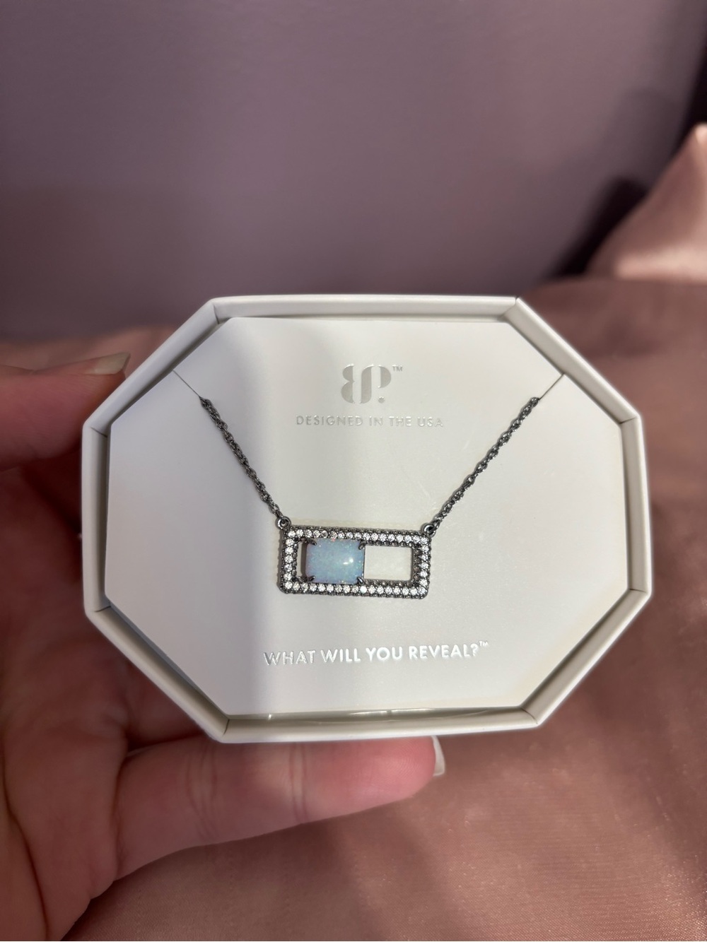 bp Silver Rectangular Opal Pendant Necklace - White & Light Blue